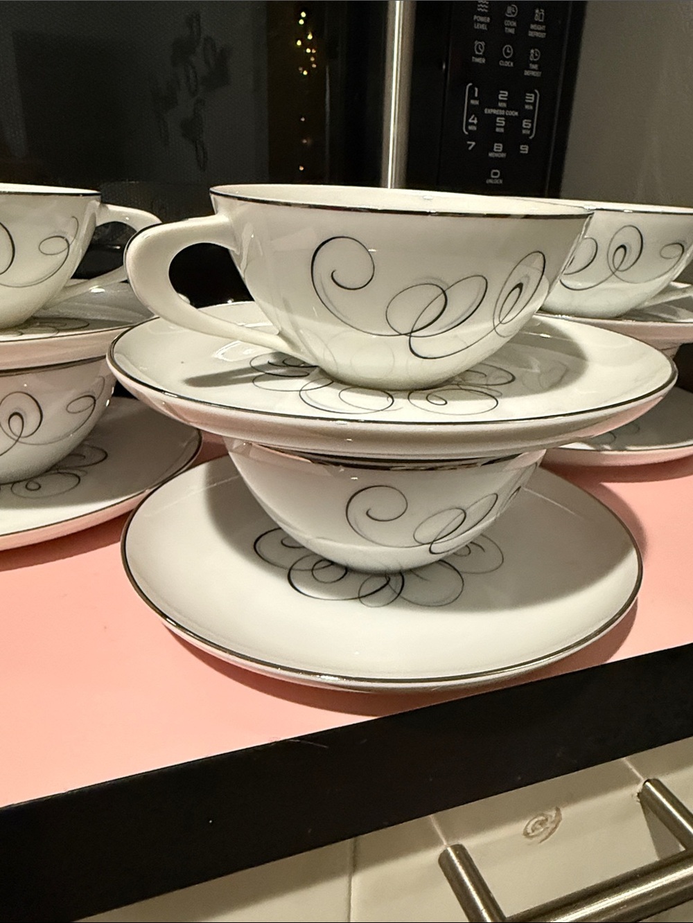 Style House Fine China Teacup and Saucer Set with Silver Scroll Accent - 6 Sets